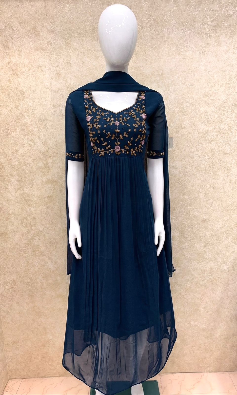 #TH197 / Long Top Dupatta Set / Pleated / Elbow sleeves / All Over Handwork03 / Teal Blue - Image 2