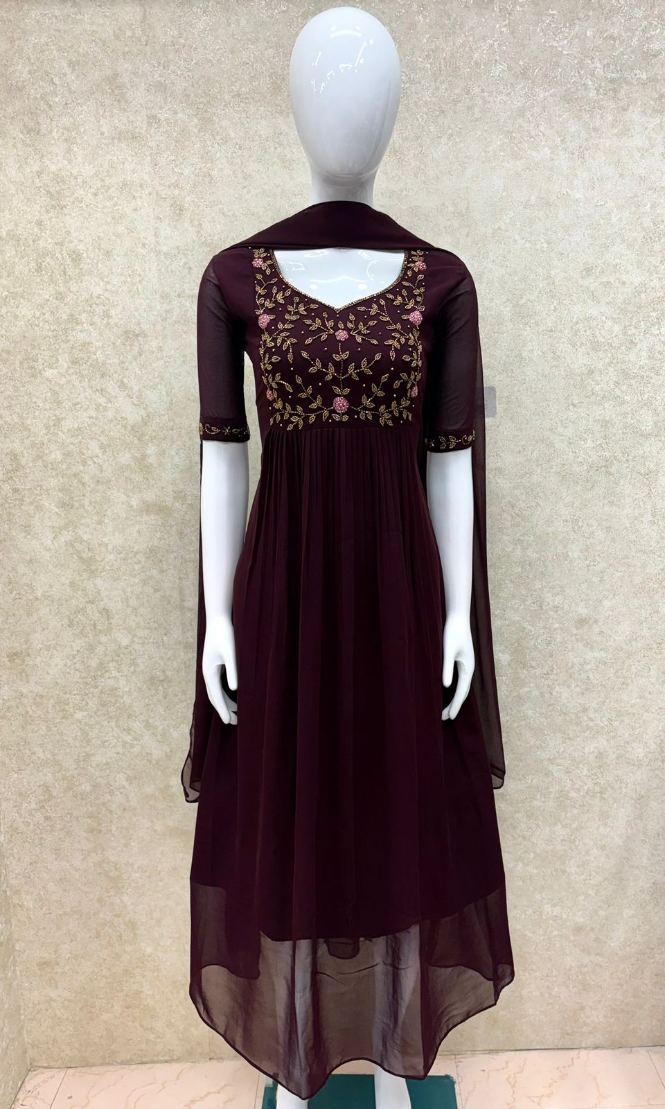 #TH197 / Long Top Dupatta Set / Pleated / Elbow sleeves / All Over Handwork03 / Coffee - Image 2