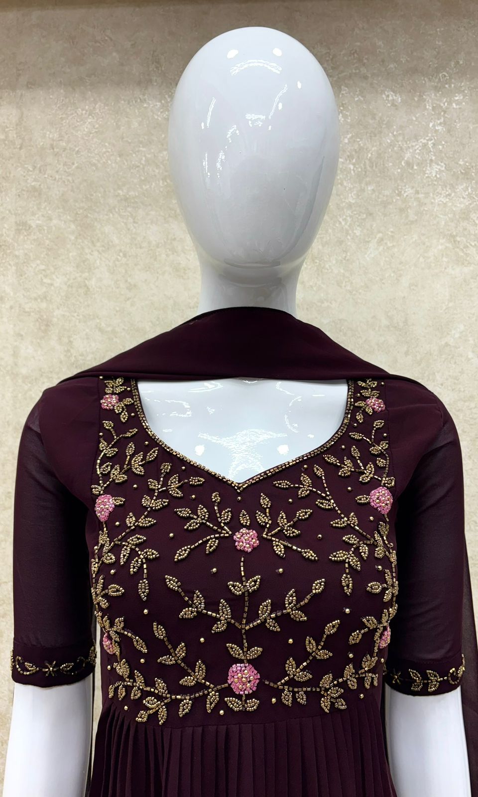 #TH197 / Long Top Dupatta Set / Pleated / Elbow sleeves / All Over Handwork03 / Coffee