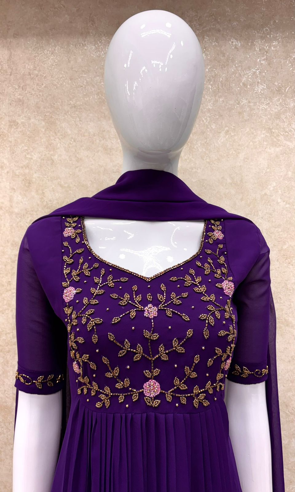 #TH197 / Long Top Dupatta Set / Pleated / Elbow sleeves / All Over Handwork03 / Violet