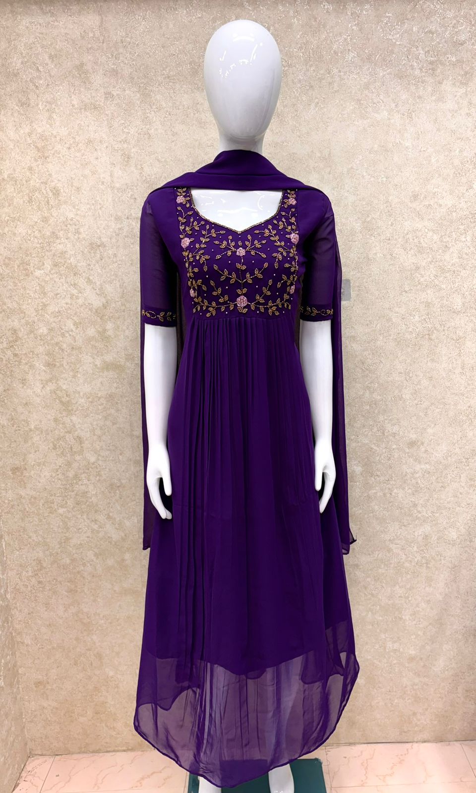 #TH197 / Long Top Dupatta Set / Pleated / Elbow sleeves / All Over Handwork03 / Violet - Image 2