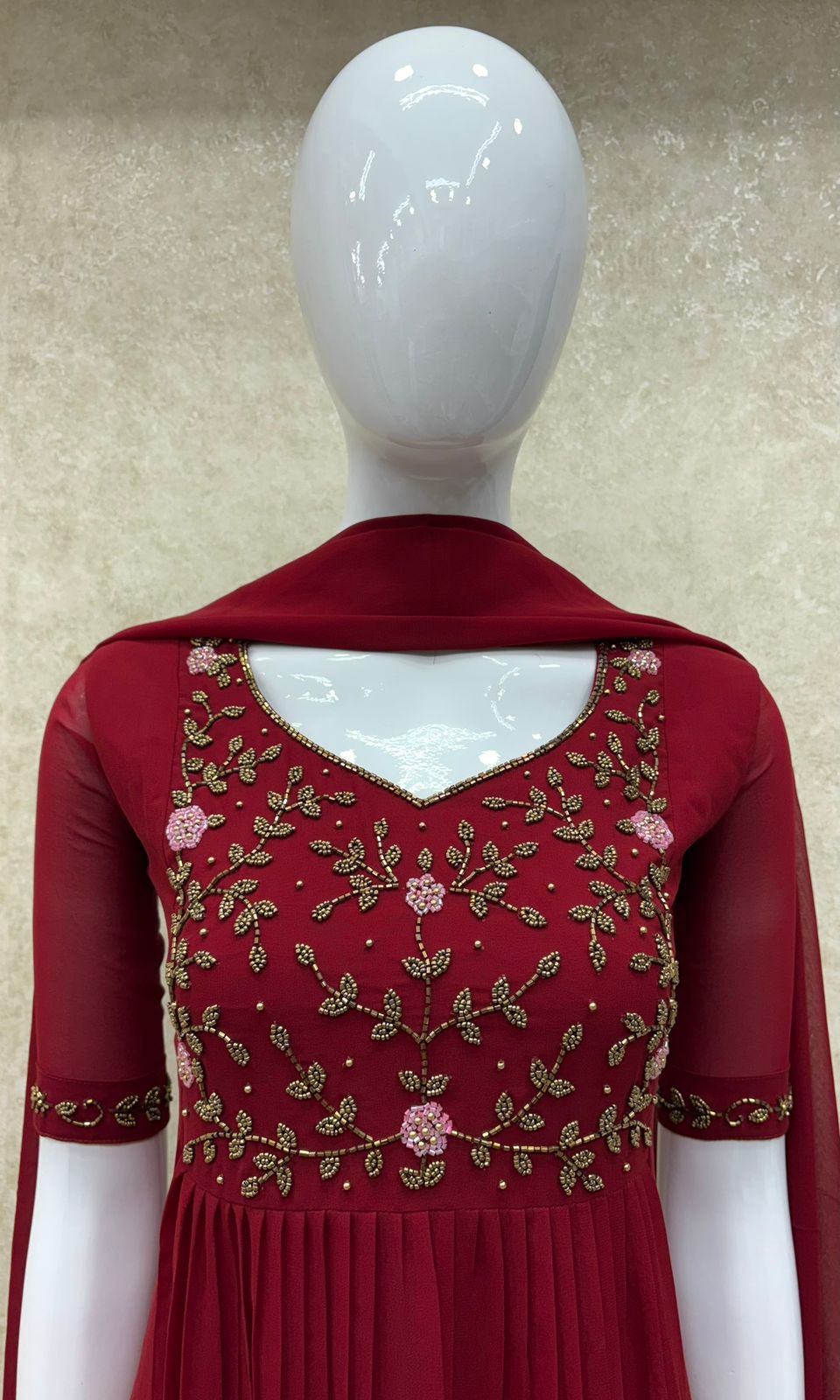#TH197 / Long Top Dupatta Set / Pleated / Elbow sleeves / All Over Handwork03 / Reddish Maroon