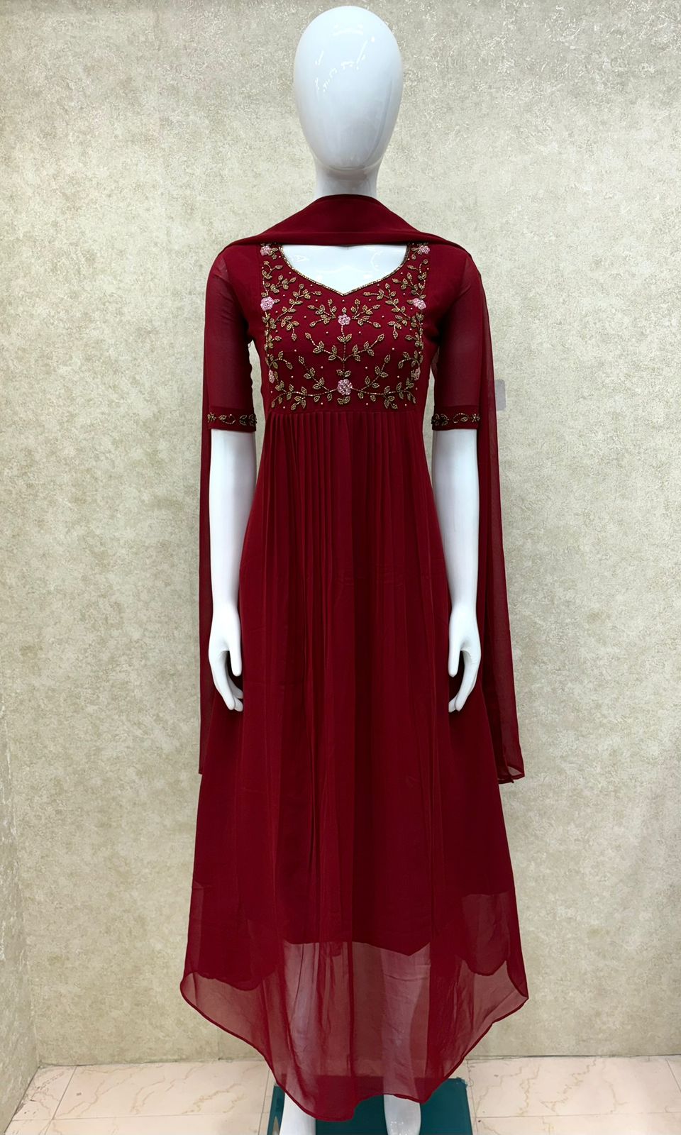 #TH197 / Long Top Dupatta Set / Pleated / Elbow sleeves / All Over Handwork03 / Reddish Maroon - Image 2