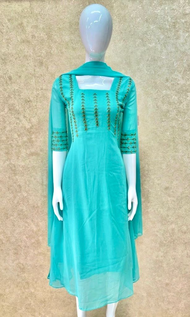 #TH210 / Georgette / A-Line Top Dupatta Set / Handwork / Turquoise Green - Image 2