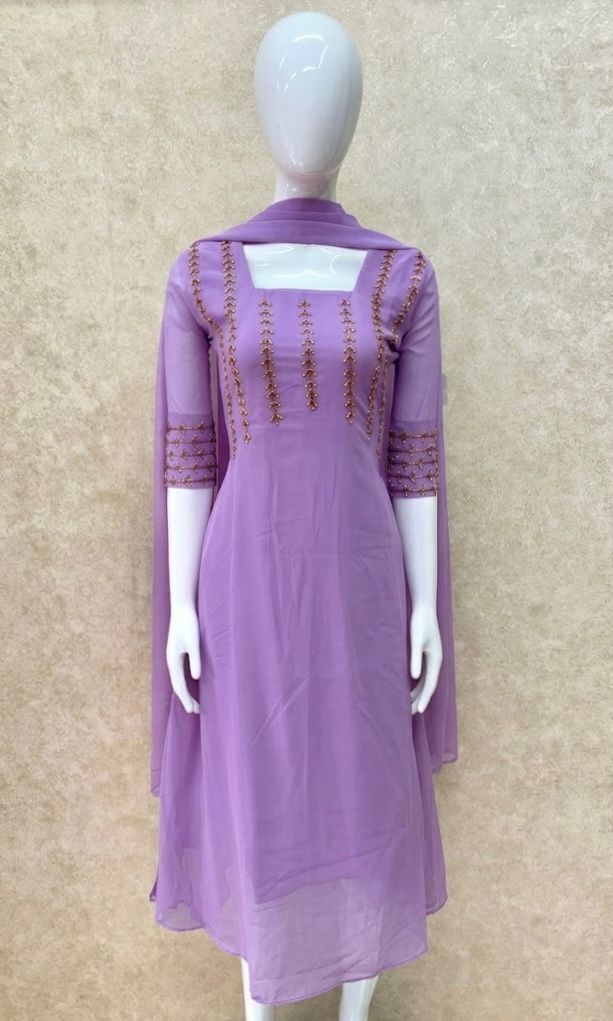#TH210 / Georgette / A-Line Top Dupatta Set / Handwork / Lavender - Image 2