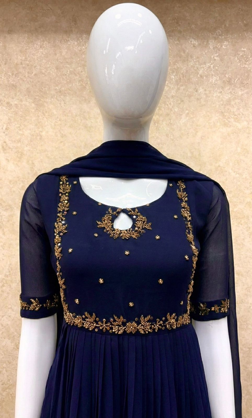 #TH198 / Long Top Dupatta Set / Pleated / Elbow sleeves / Handwork04 / Navy Blue