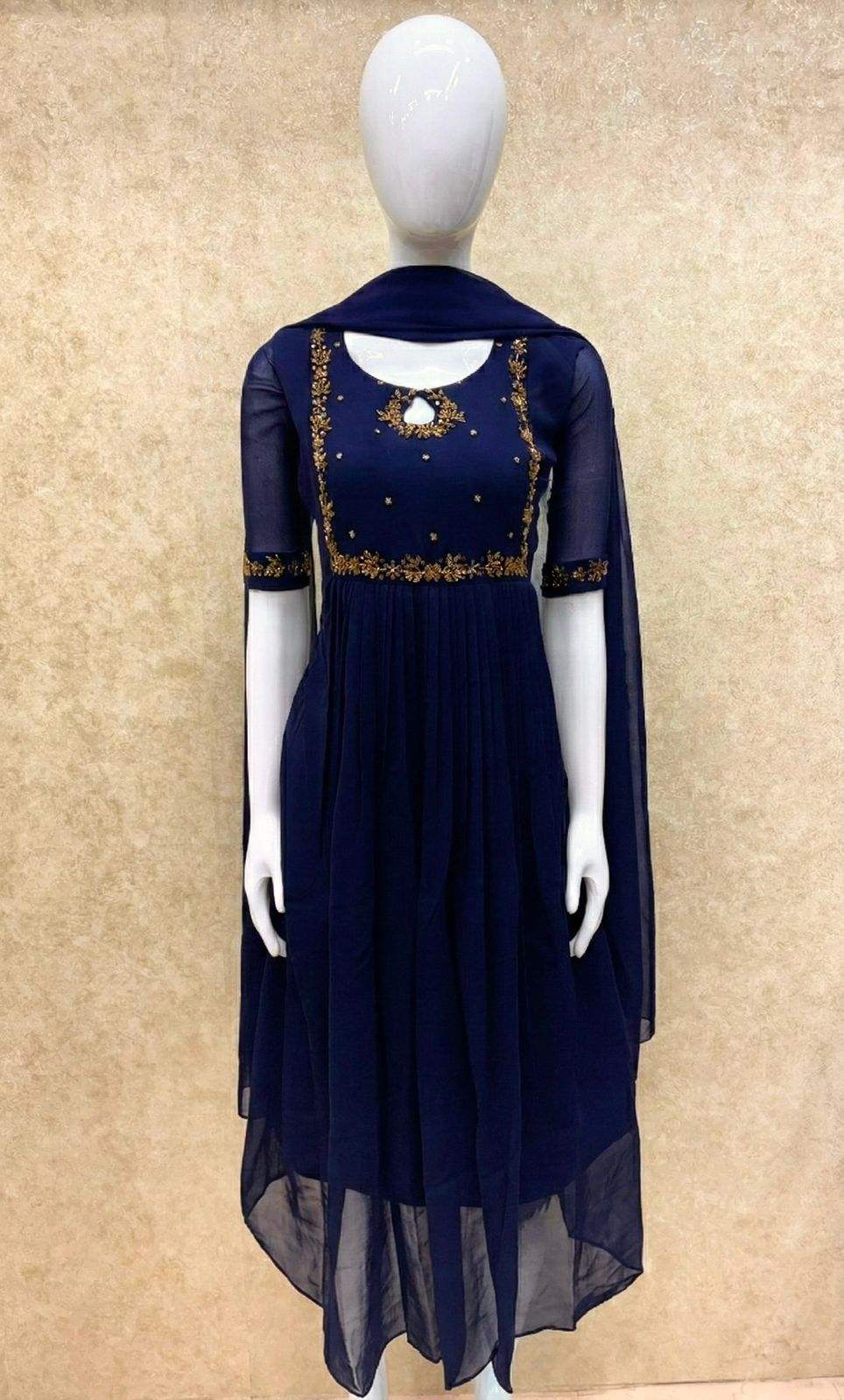 #TH198 / Long Top Dupatta Set / Pleated / Elbow sleeves / Handwork04 / Navy Blue - Image 2