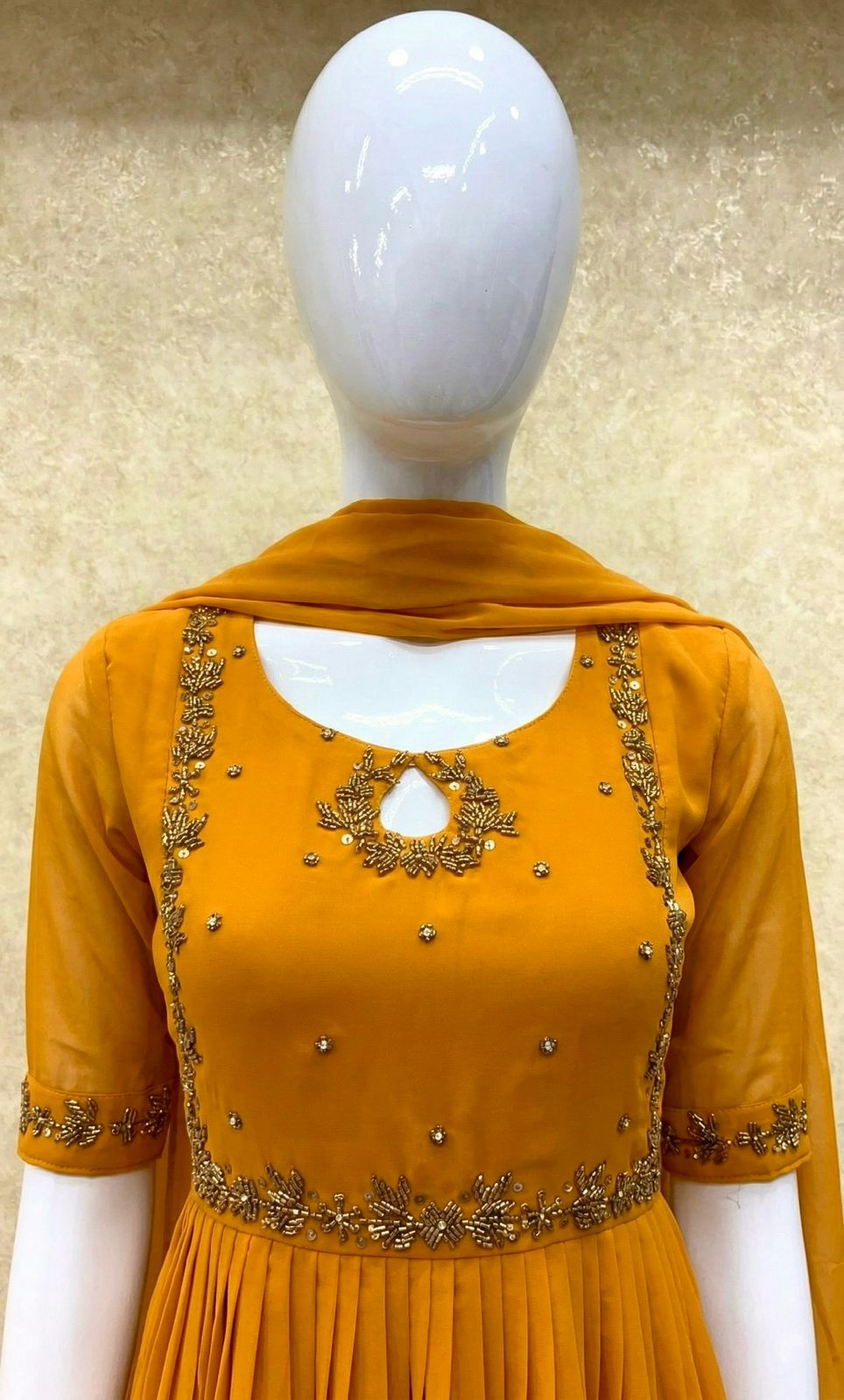 #TH198 / Long Top Dupatta Set / Pleated / Elbow sleeves / Handwork04 / Yellow