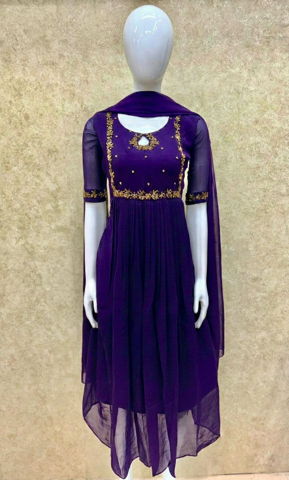 #TH198 / Long Top Dupatta Set / Pleated / Elbow sleeves / Handwork04 / Violet - Image 2