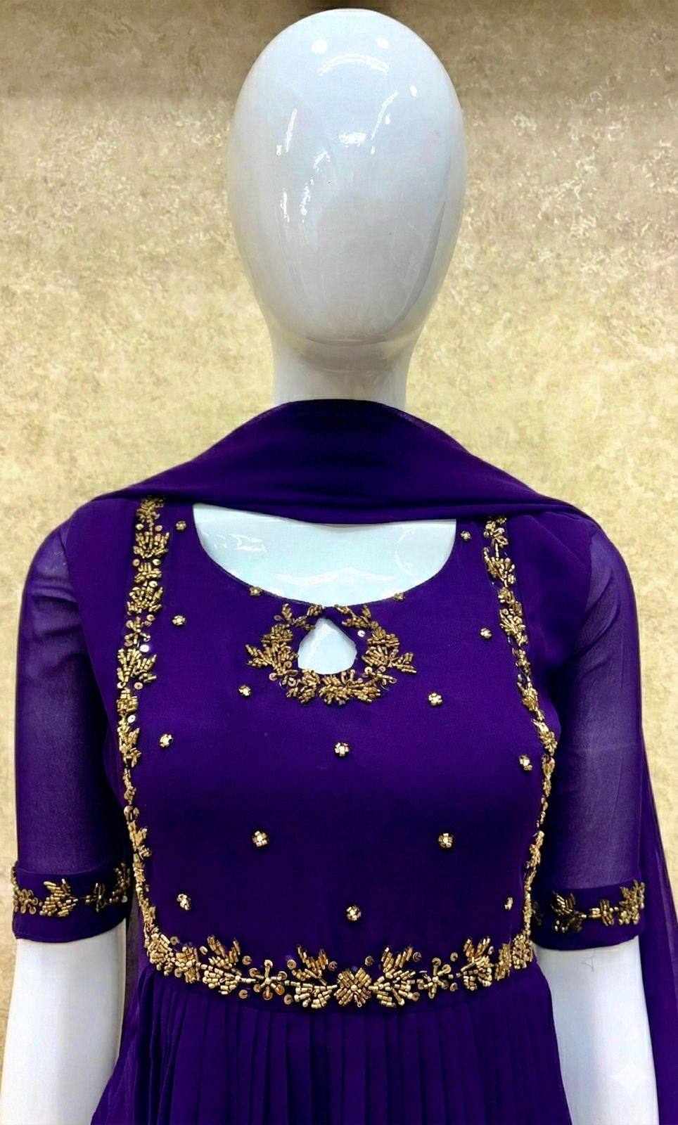 #TH198 / Long Top Dupatta Set / Pleated / Elbow sleeves / Handwork04 / Violet