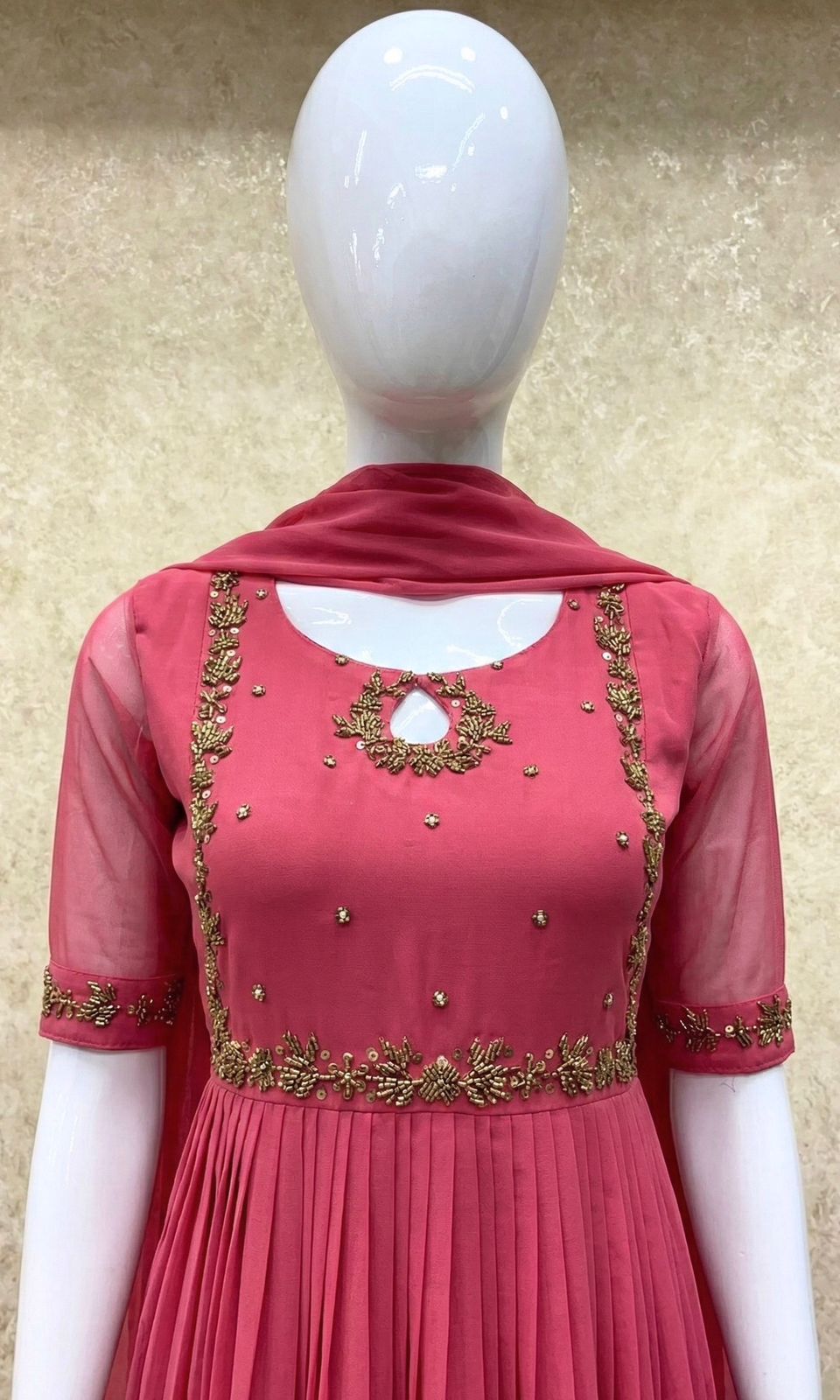 #TH198 / Long Top Dupatta Set / Pleated / Elbow sleeves / Handwork04 / Pink