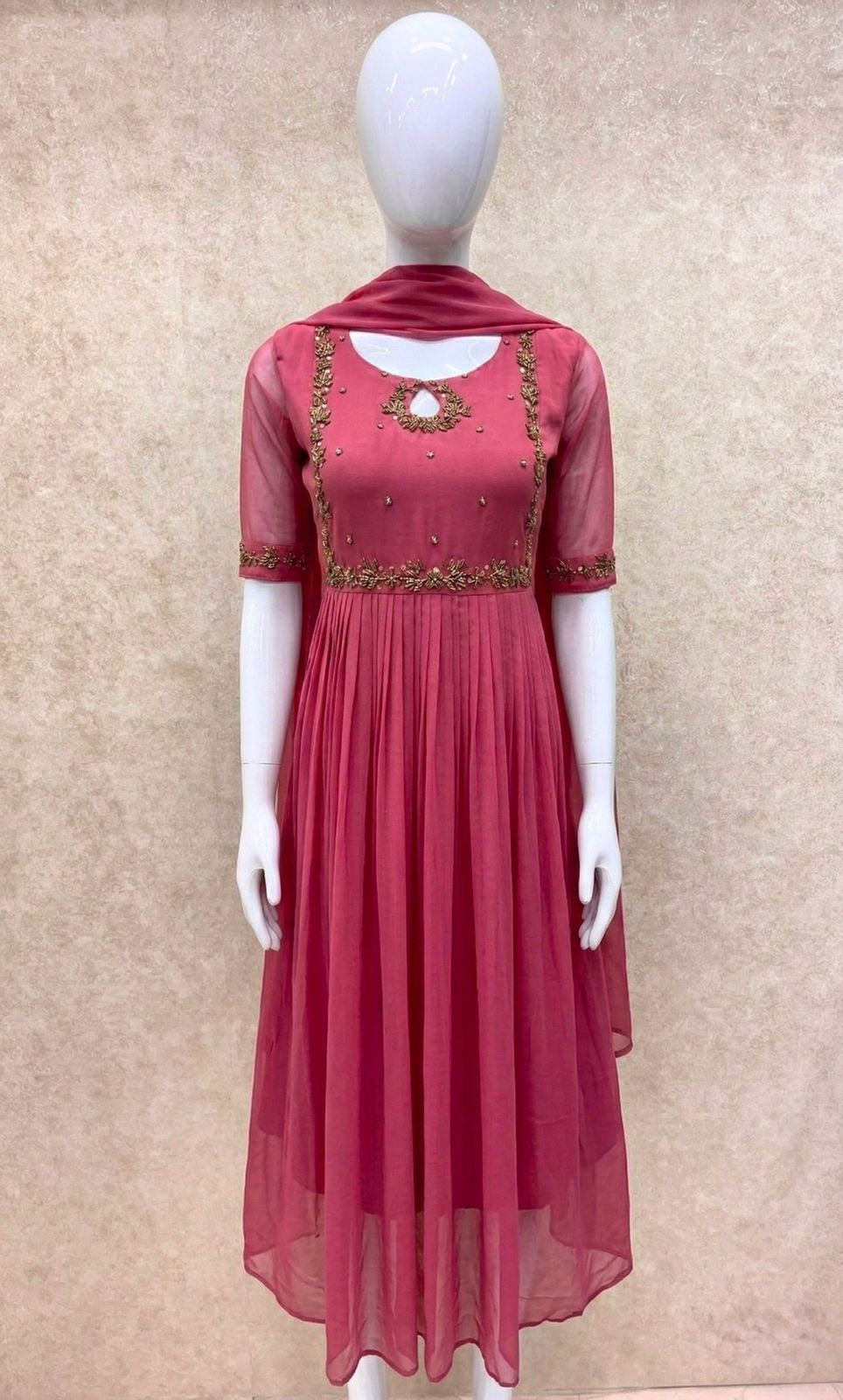 #TH198 / Long Top Dupatta Set / Pleated / Elbow sleeves / Handwork04 / Pink - Image 2