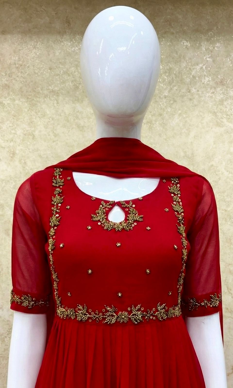 #TH198 / Long Top Dupatta Set / Pleated / Elbow sleeves / Handwork04 / Red