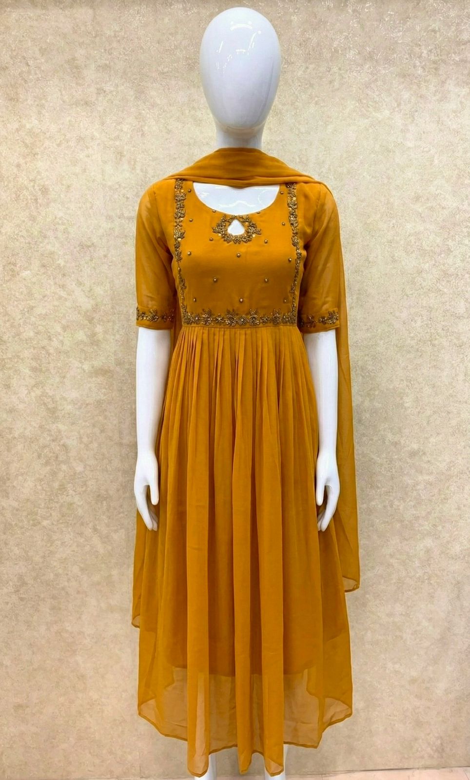 #TH198 / Long Top Dupatta Set / Pleated / Elbow sleeves / Handwork04 / Yellow - Image 2