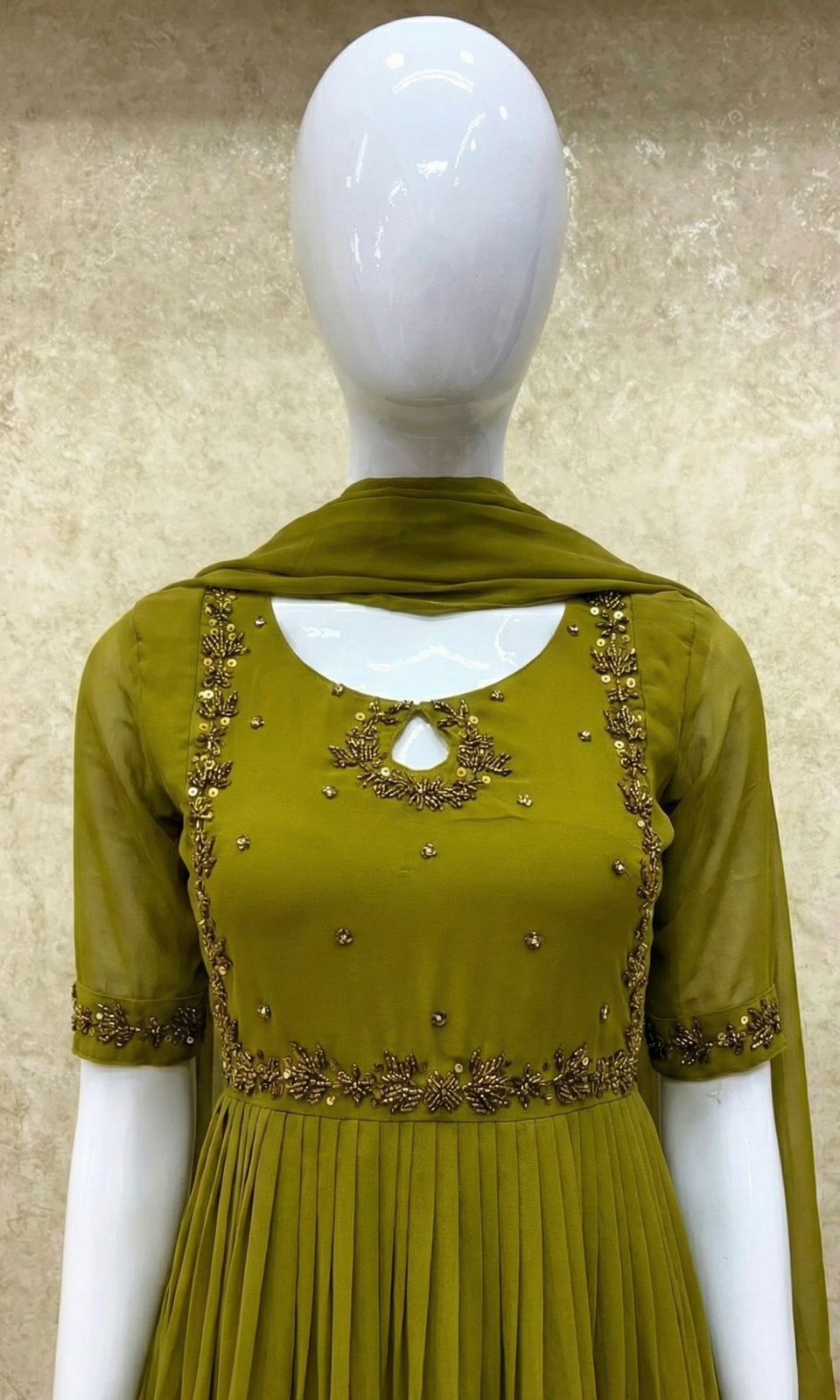 #TH198 / Long Top Dupatta Set / Pleated / Elbow sleeves / Handwork04 / Parrot Green
