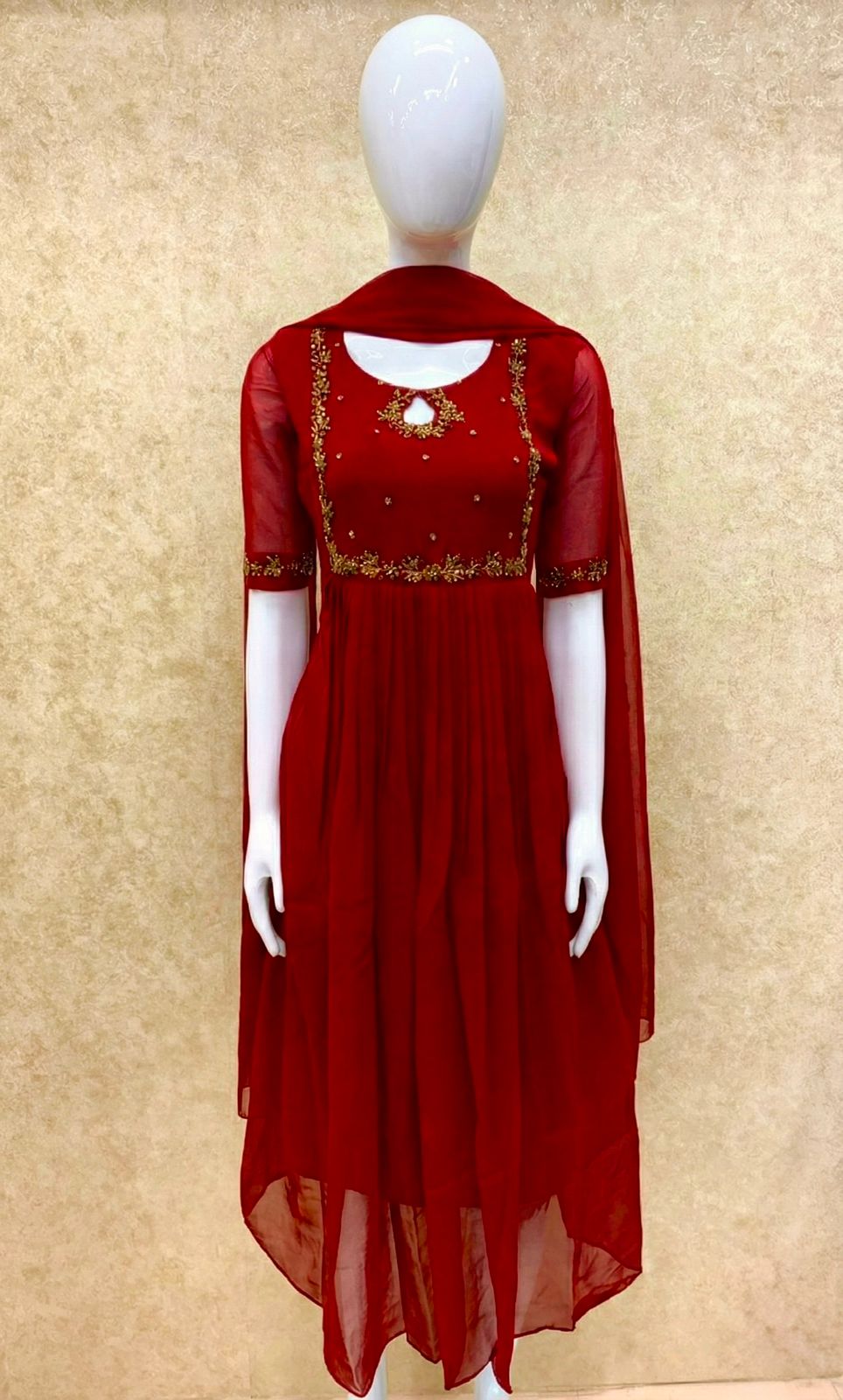 #TH198 / Long Top Dupatta Set / Pleated / Elbow sleeves / Handwork04 / Red - Image 2
