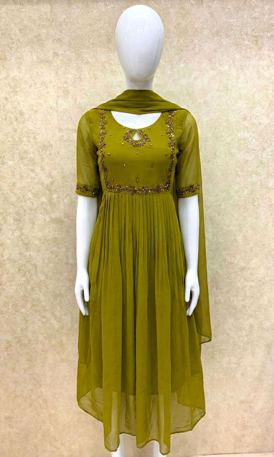 #TH198 / Long Top Dupatta Set / Pleated / Elbow sleeves / Handwork04 / Parrot Green - Image 2
