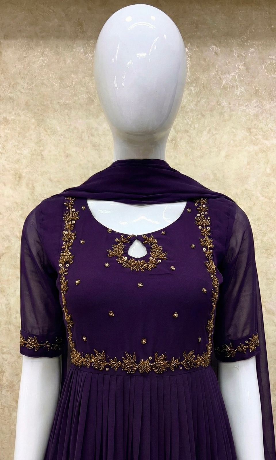 #TH198 / Long Top Dupatta Set / Pleated / Elbow sleeves / Handwork04 / Dark Purple