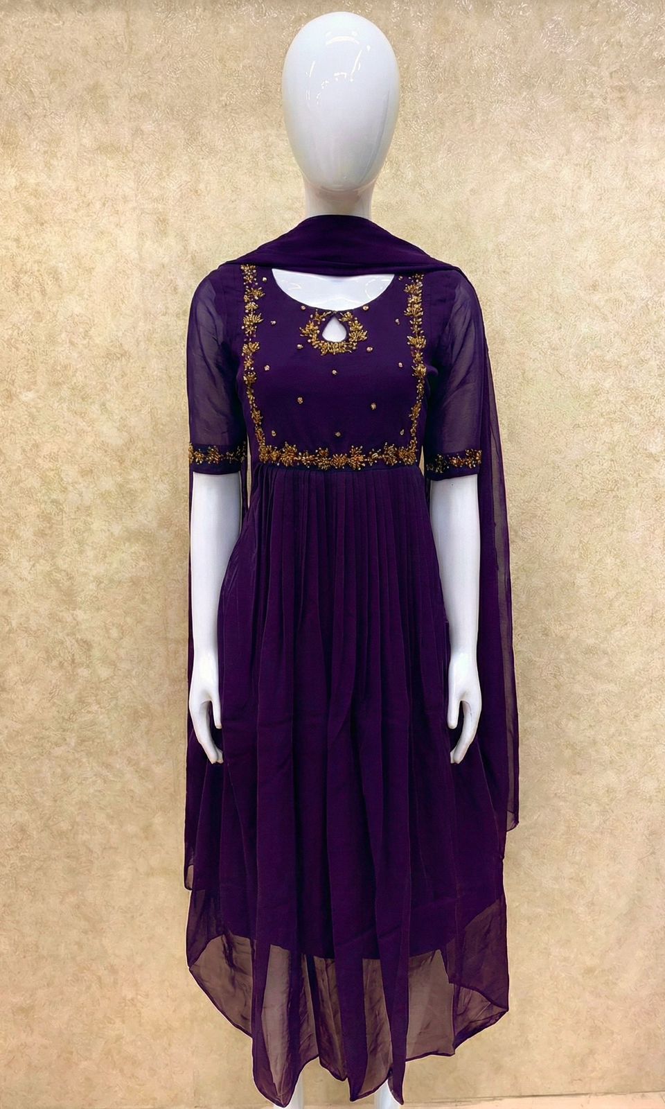 #TH198 / Long Top Dupatta Set / Pleated / Elbow sleeves / Handwork04 / Dark Purple - Image 2
