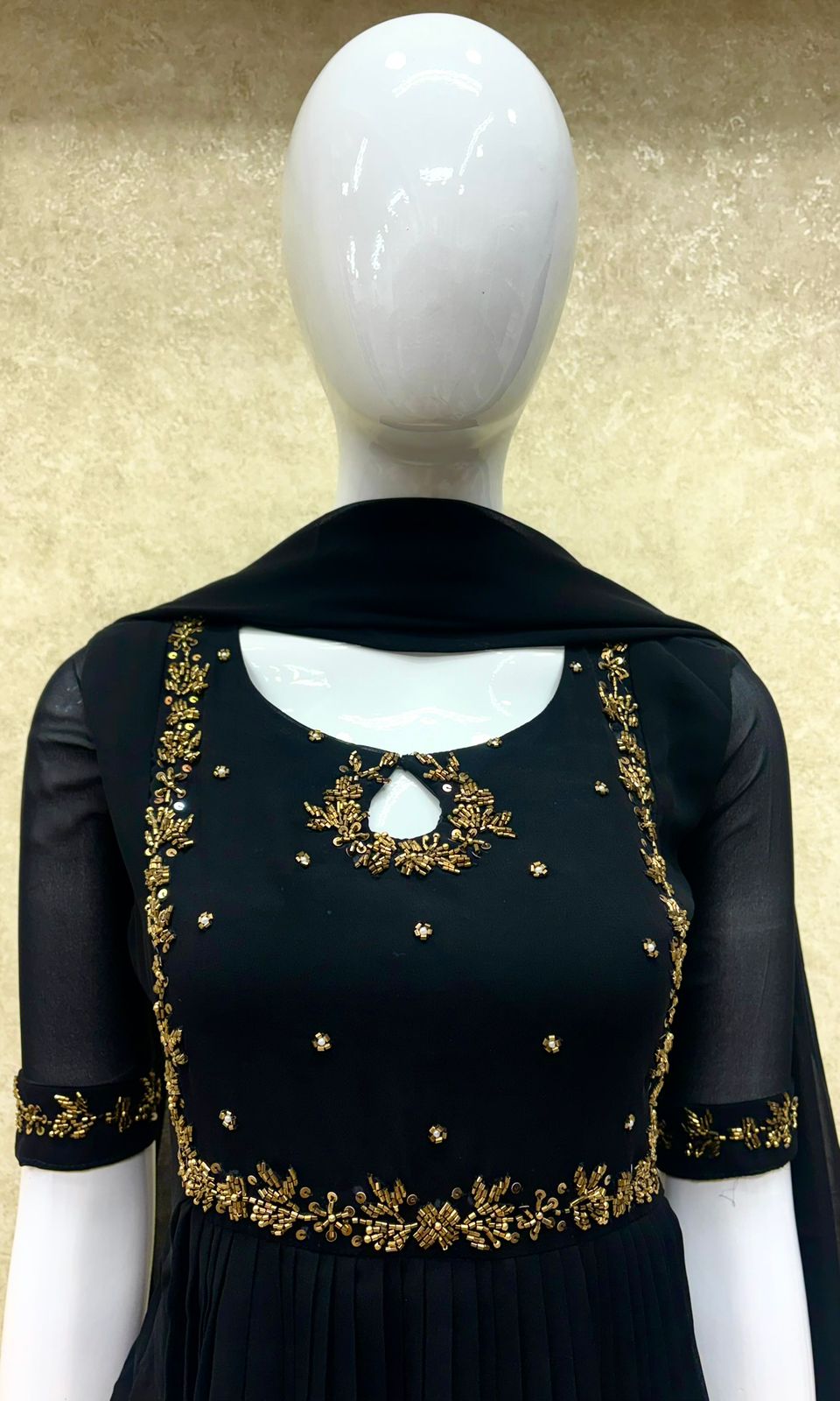 #TH198 / Long Top Dupatta Set / Pleated / Elbow sleeves / Handwork04 / Black