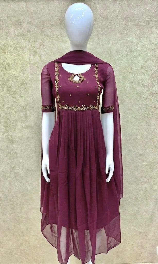 #TH198 / Long Top Dupatta Set / Pleated / Elbow sleeves / Handwork04 / Pastel Wine - Image 2