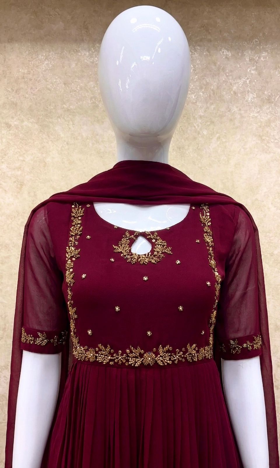 #TH198 / Long Top Dupatta Set / Pleated / Elbow sleeves / Handwork04 / Dark Maroon