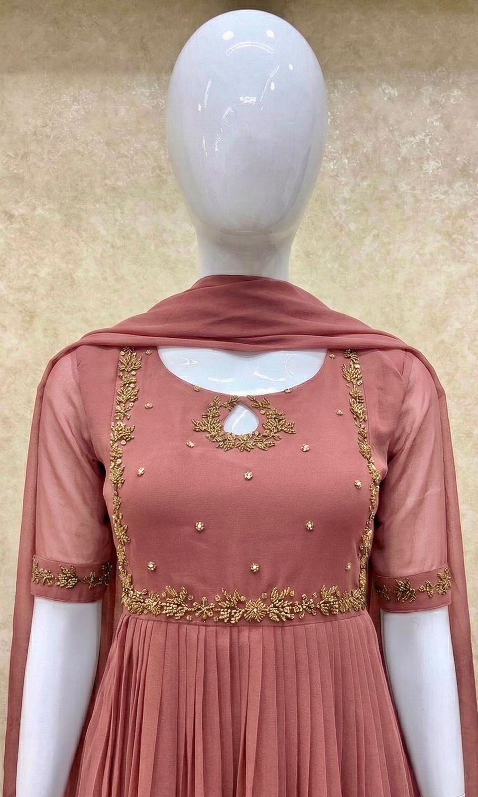 #TH198 / Long Top Dupatta Set / Pleated / Elbow sleeves / Handwork04 / Dusty Pink