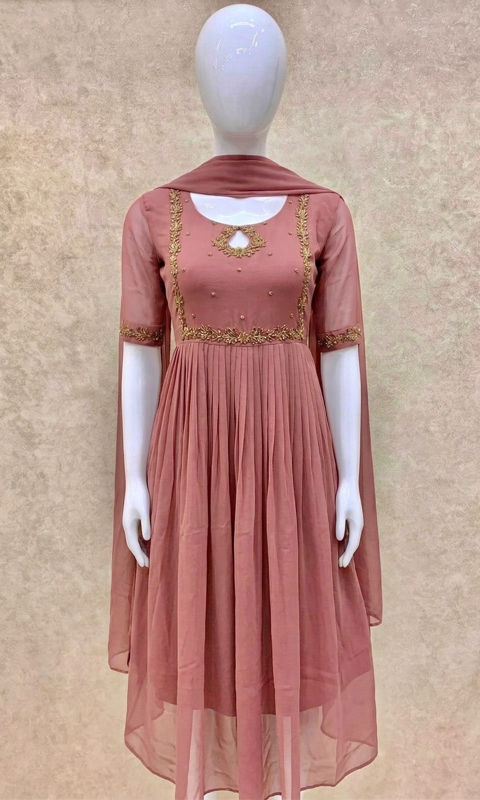 #TH198 / Long Top Dupatta Set / Pleated / Elbow sleeves / Handwork04 / Dusty Pink - Image 2