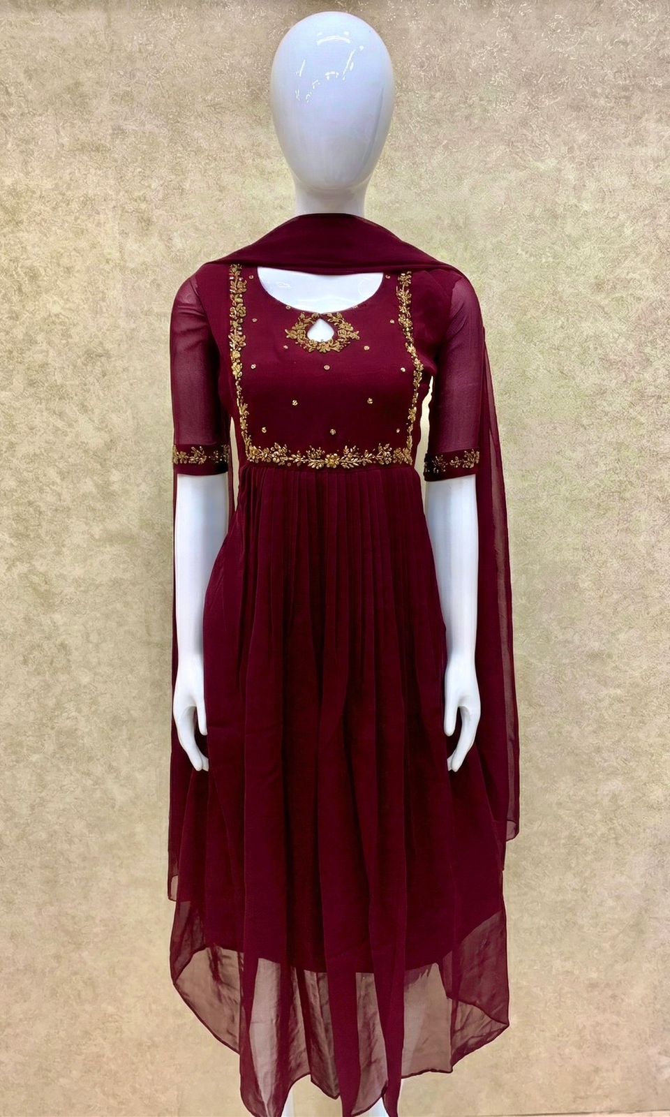 #TH198 / Long Top Dupatta Set / Pleated / Elbow sleeves / Handwork04 / Dark Maroon - Image 2