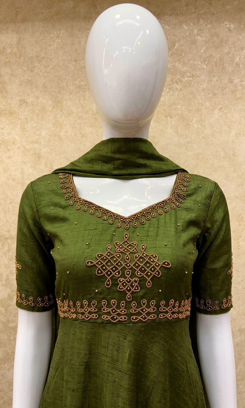 #TH217 / Vichitra Silk / Long Gown Dupatta Set / Elbow sleeves / Olive Green