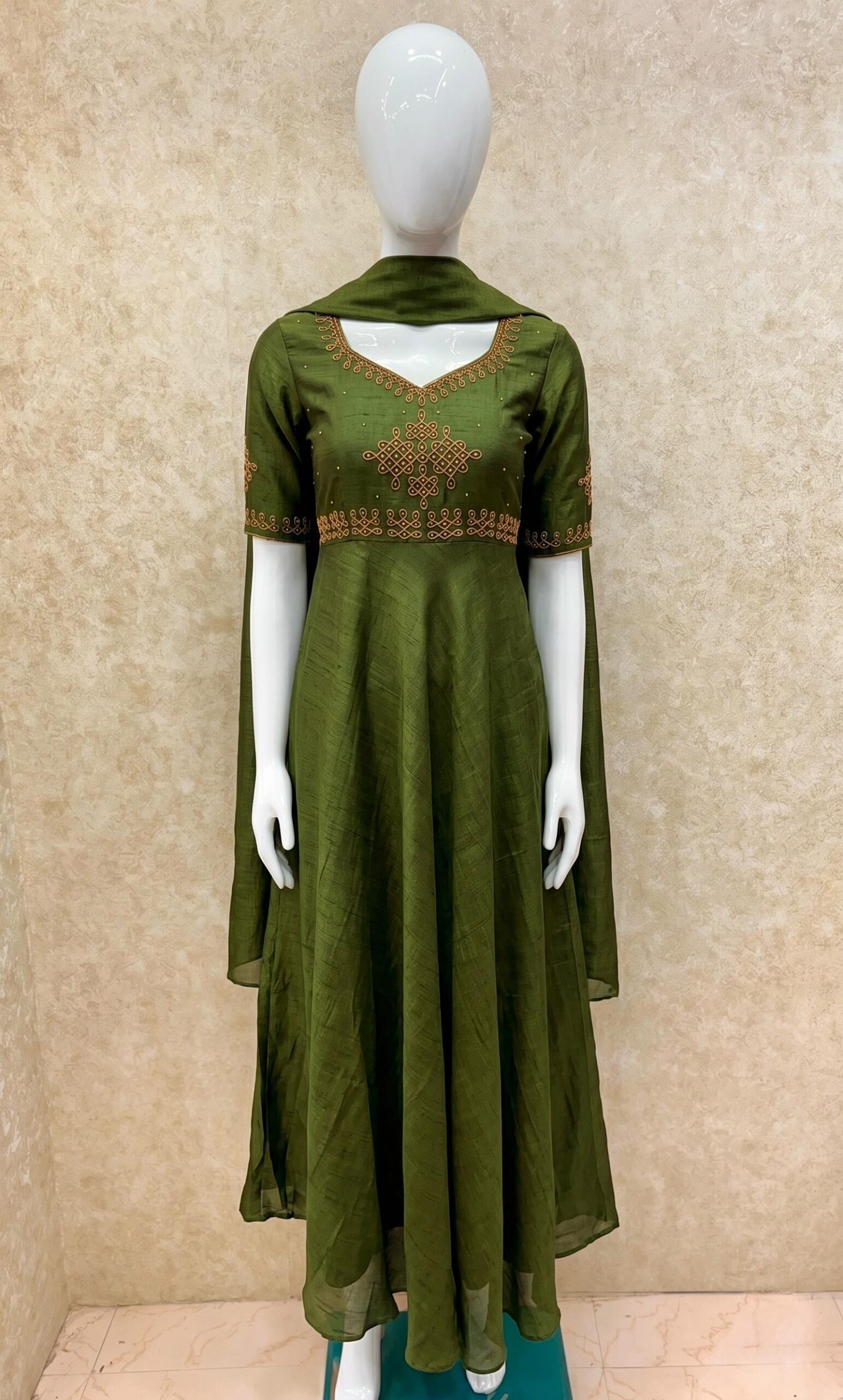 #TH217 / Vichitra Silk / Long Gown Dupatta Set / Elbow sleeves / Olive Green - Image 2