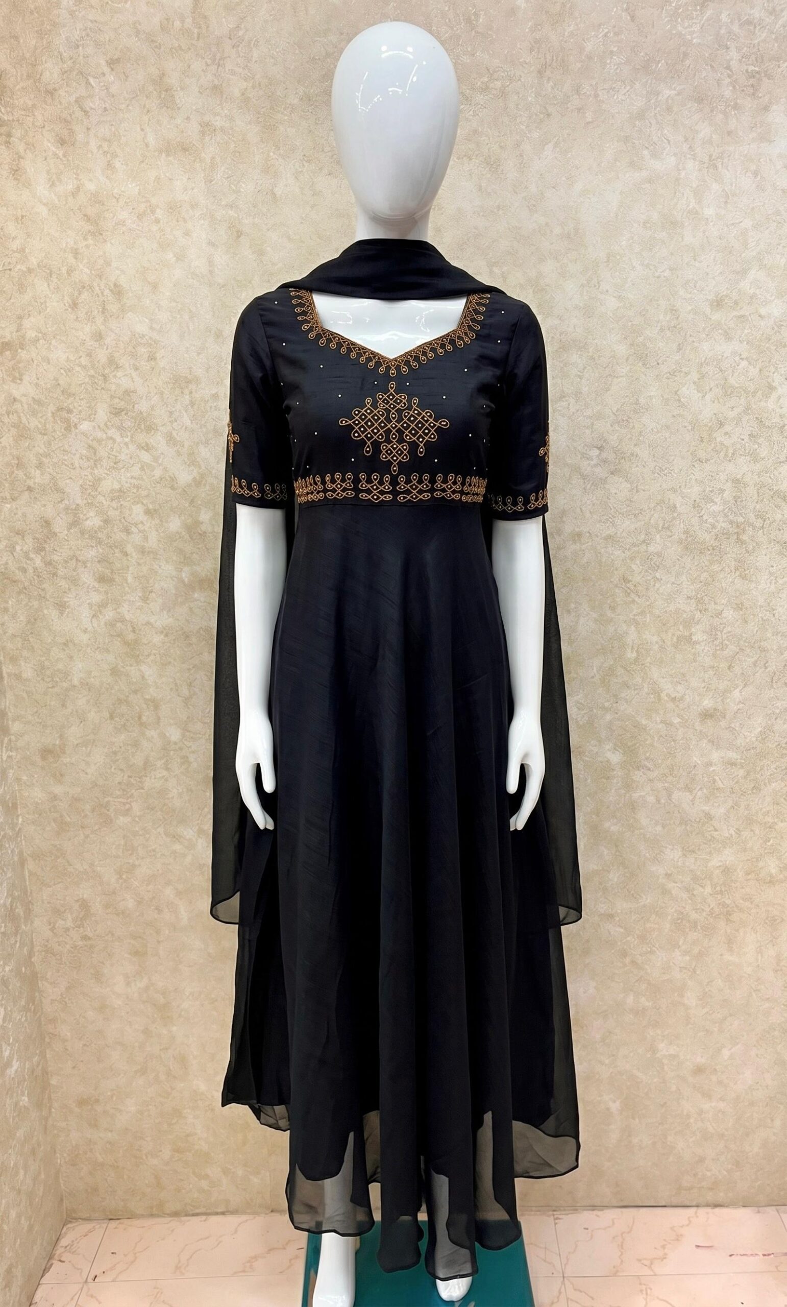#TH217 / Vichitra Silk / Long Gown Dupatta Set / Elbow sleeves / Jet Black - Image 2