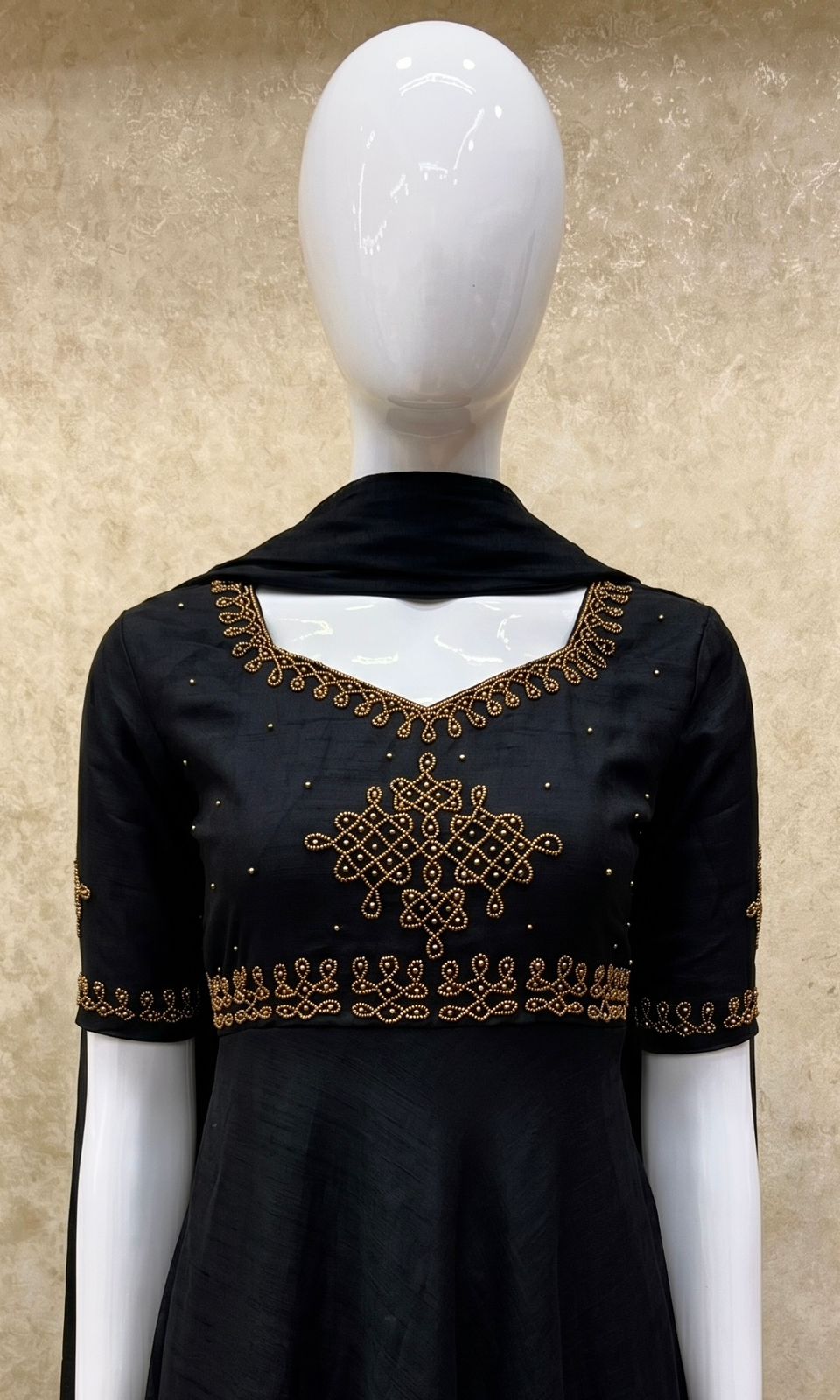 #TH217 / Vichitra Silk / Long Gown Dupatta Set / Elbow sleeves / Jet Black