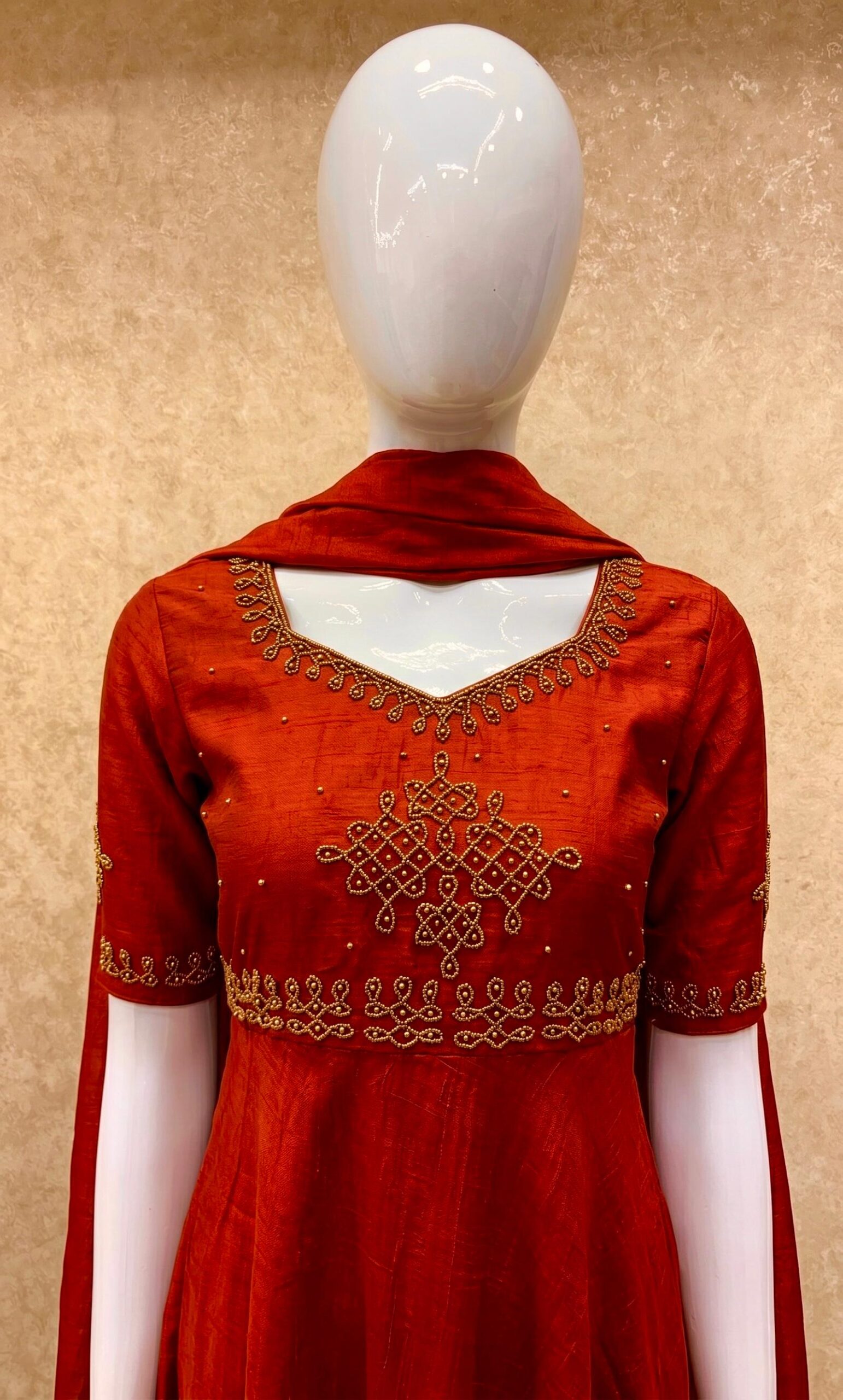 #TH217 / Vichitra Silk / Long Gown Dupatta Set / Elbow sleeves / Rust Orange
