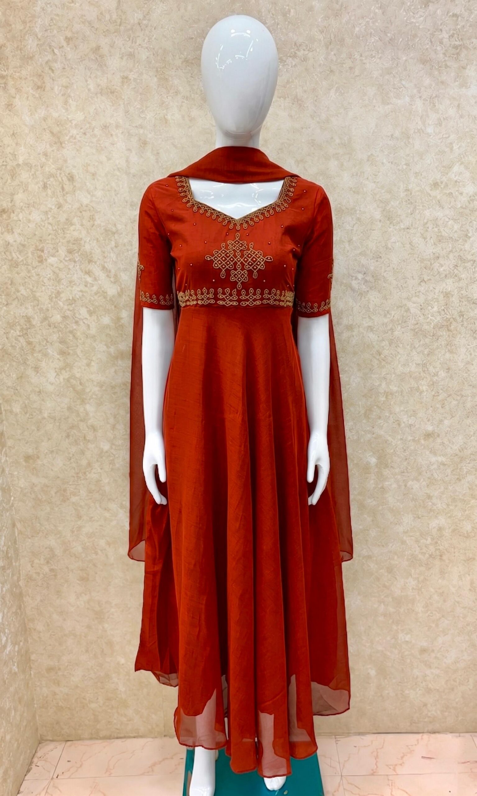#TH217 / Vichitra Silk / Long Gown Dupatta Set / Elbow sleeves / Rust Orange - Image 2