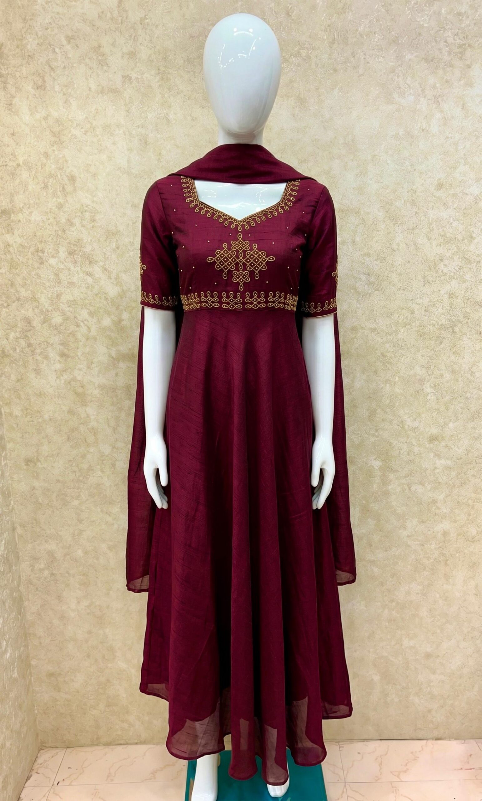 #TH217 / Vichitra Silk / Long Gown Dupatta Set / Elbow sleeves / Dark Maroon - Image 2