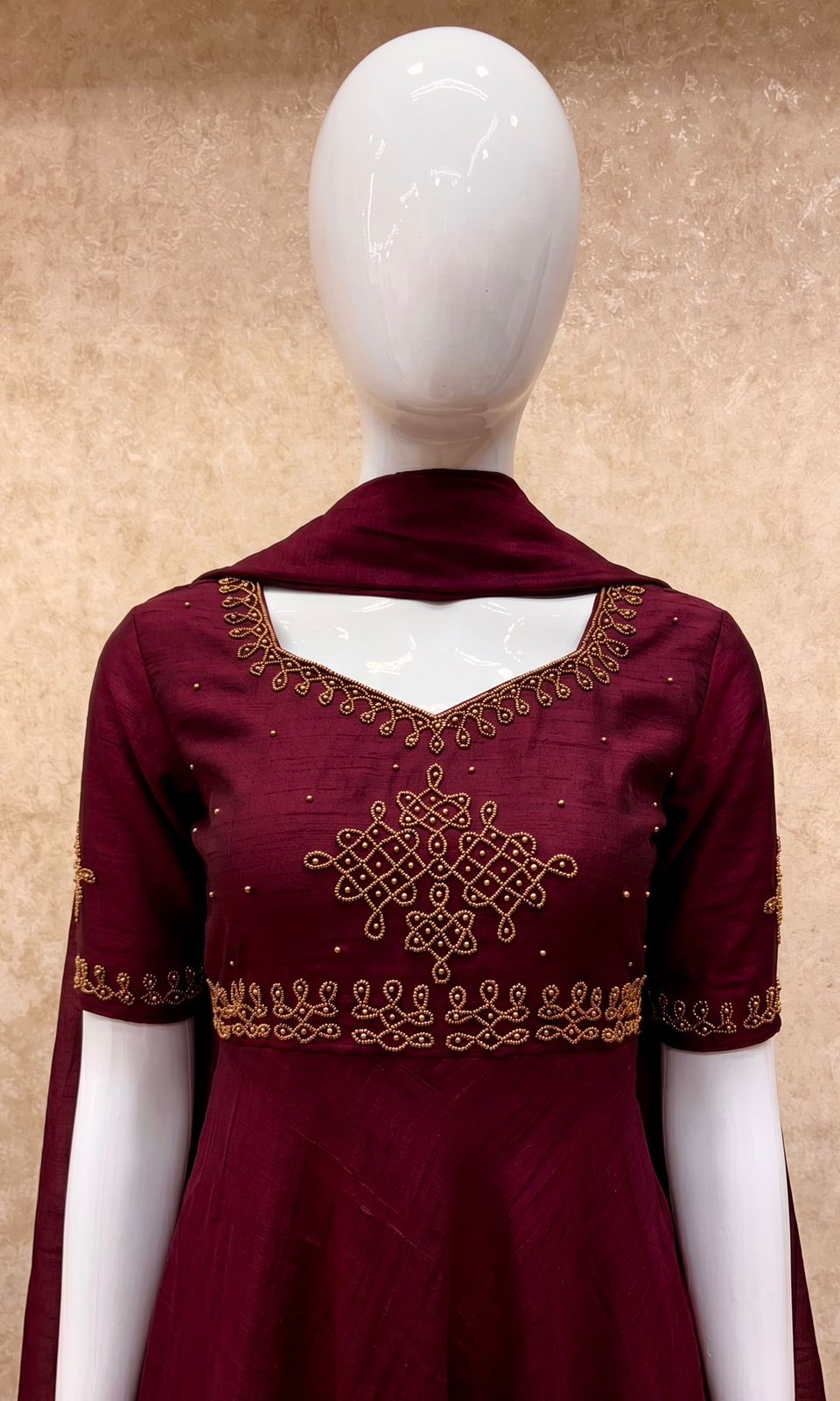 #TH217 / Vichitra Silk / Long Gown Dupatta Set / Elbow sleeves / Dark Maroon