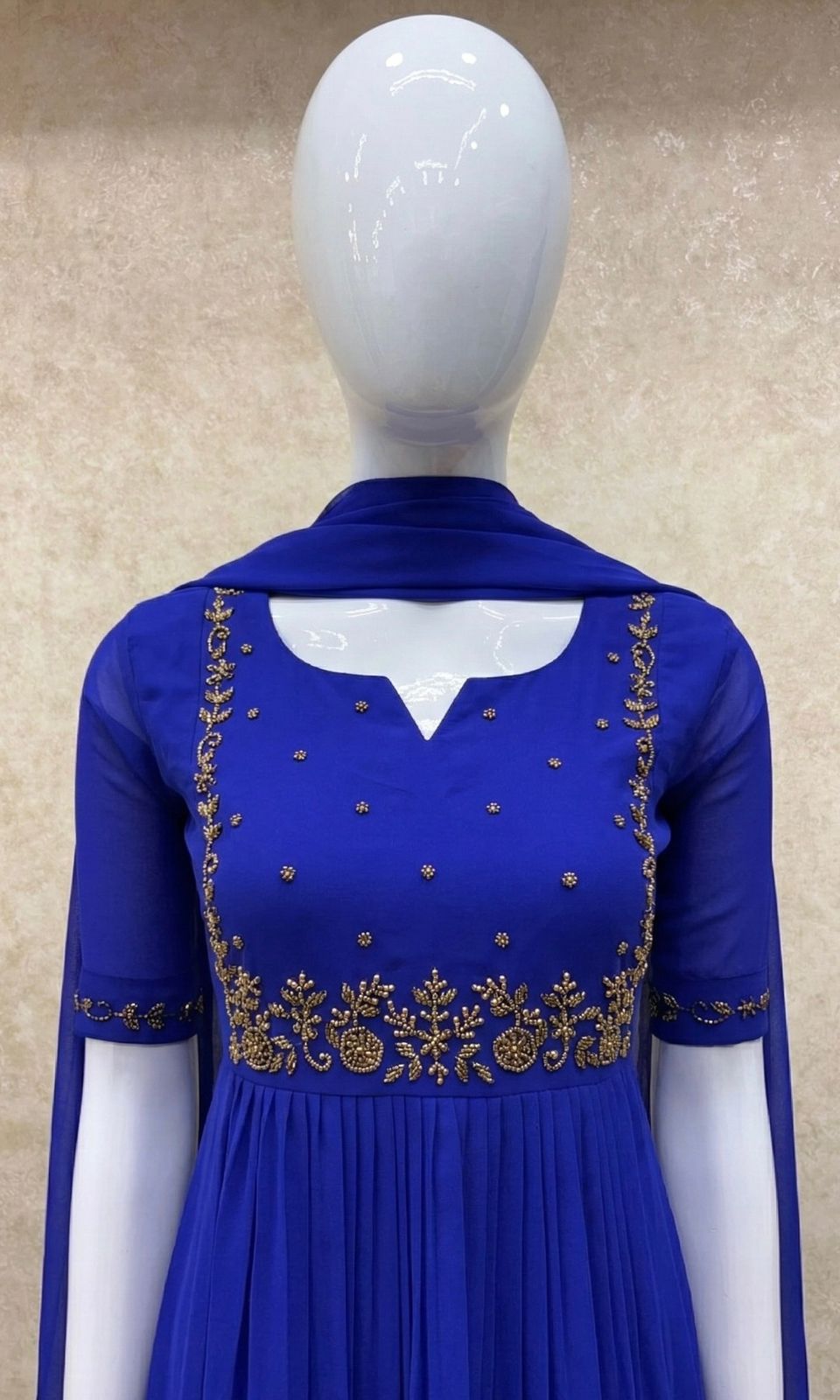 #TH195 / Long Top Dupatta Set / Pleated / Elbow sleeves / Royal Blue