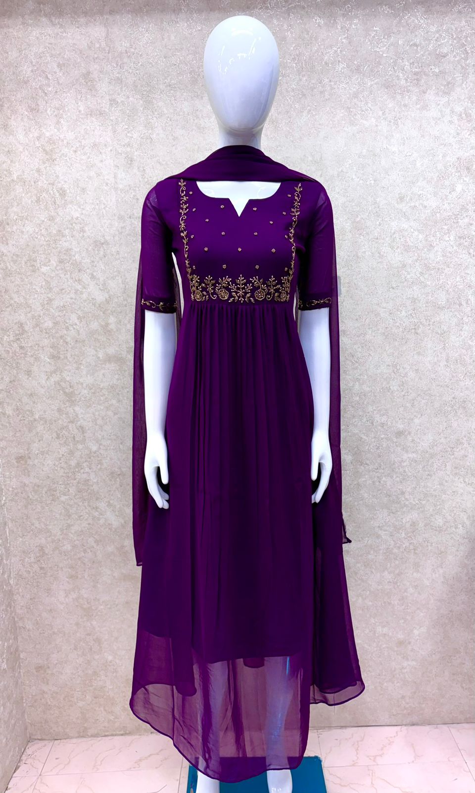 #TH195 / Long Top Dupatta Set / Pleated / Elbow sleeves / Purple - Image 2