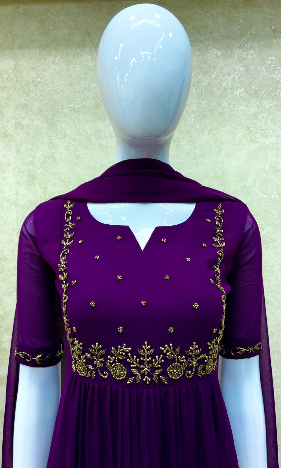 #TH195 / Long Top Dupatta Set / Pleated / Elbow sleeves / Purple