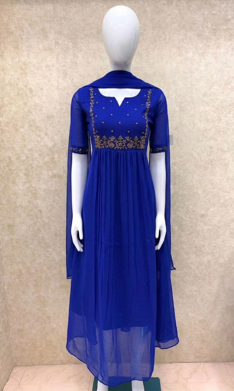 #TH195 / Long Top Dupatta Set / Pleated / Elbow sleeves / Royal Blue - Image 2