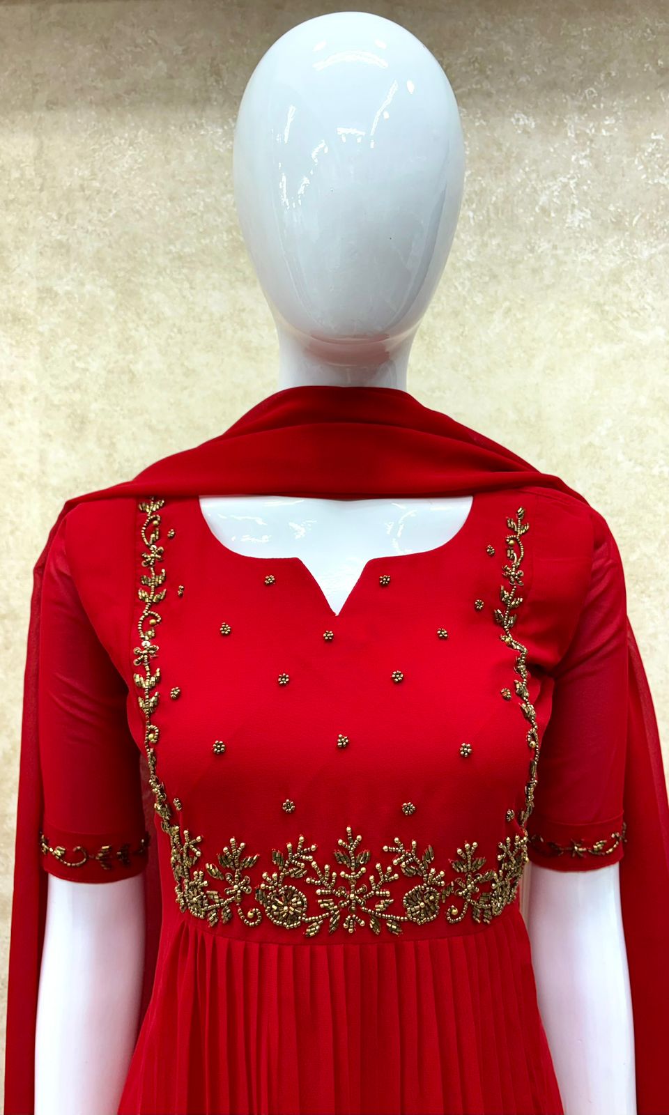 #TH195 / Long Top Dupatta Set / Pleated / Elbow sleeves / Red