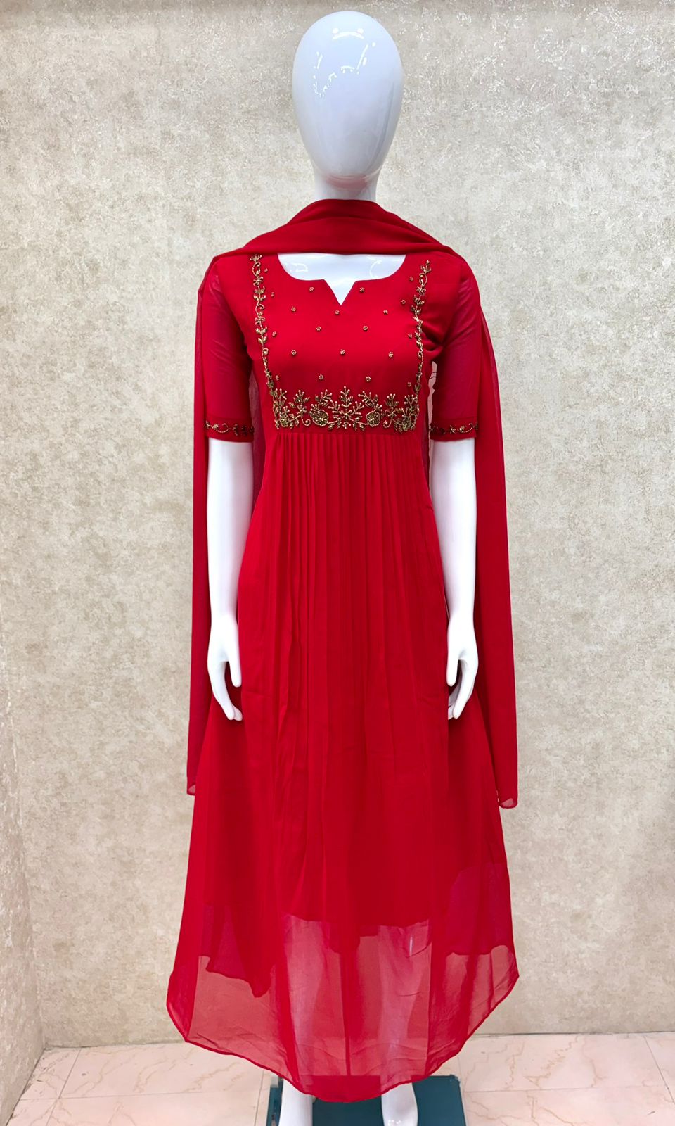 #TH195 / Long Top Dupatta Set / Pleated / Elbow sleeves / Red - Image 2