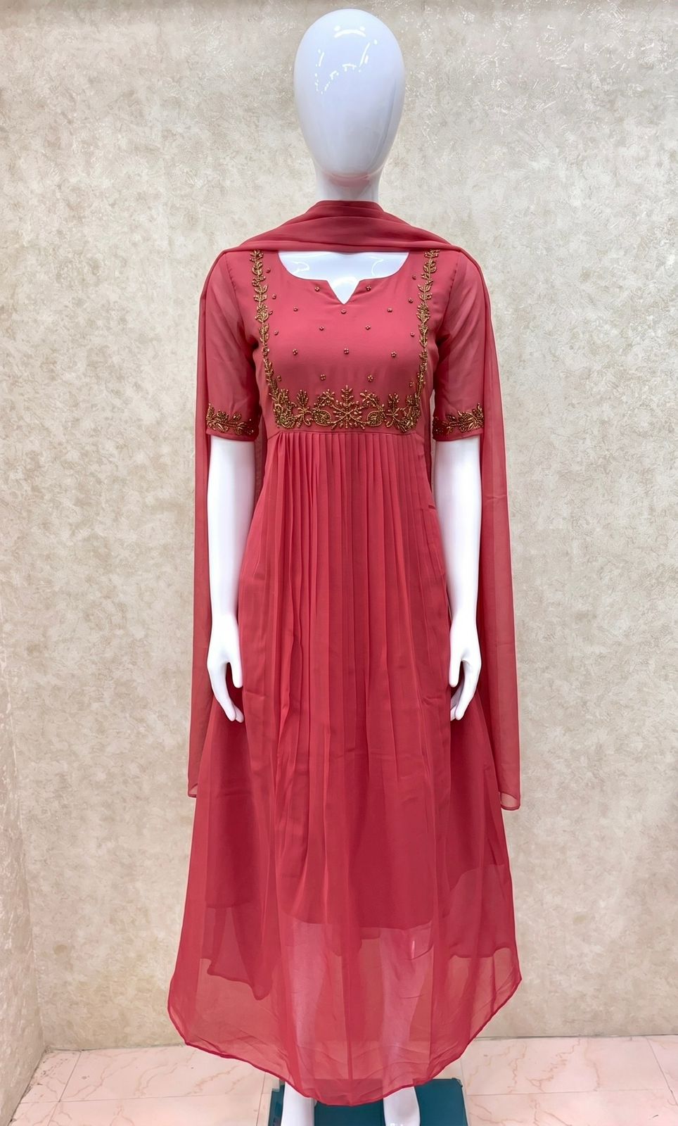 #TH195 / Long Top Dupatta Set / Pleated / Elbow sleeves / Pastel Pink - Image 2