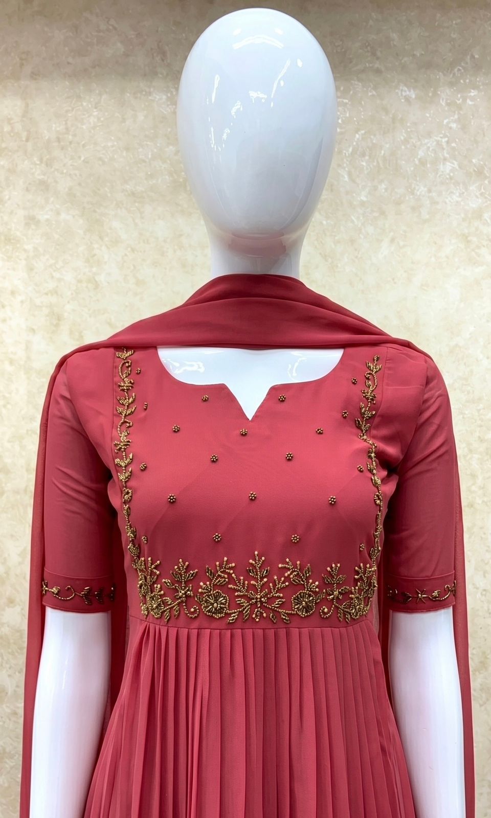 #TH195 / Long Top Dupatta Set / Pleated / Elbow sleeves / Pastel Pink