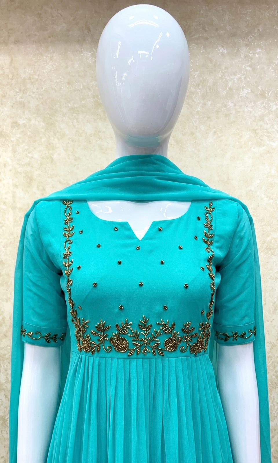 #TH195 / Long Top Dupatta Set / Pleated / Elbow sleeves / Aqua Blue