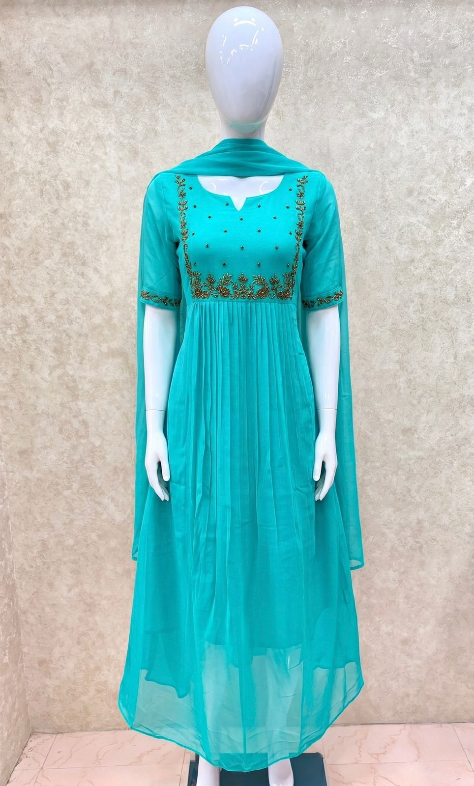 #TH195 / Long Top Dupatta Set / Pleated / Elbow sleeves / Aqua Blue - Image 2