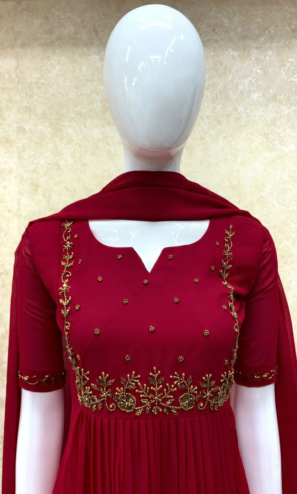 #TH195 / Long Top Dupatta Set / Pleated / Elbow sleeves / Reddish Maroon