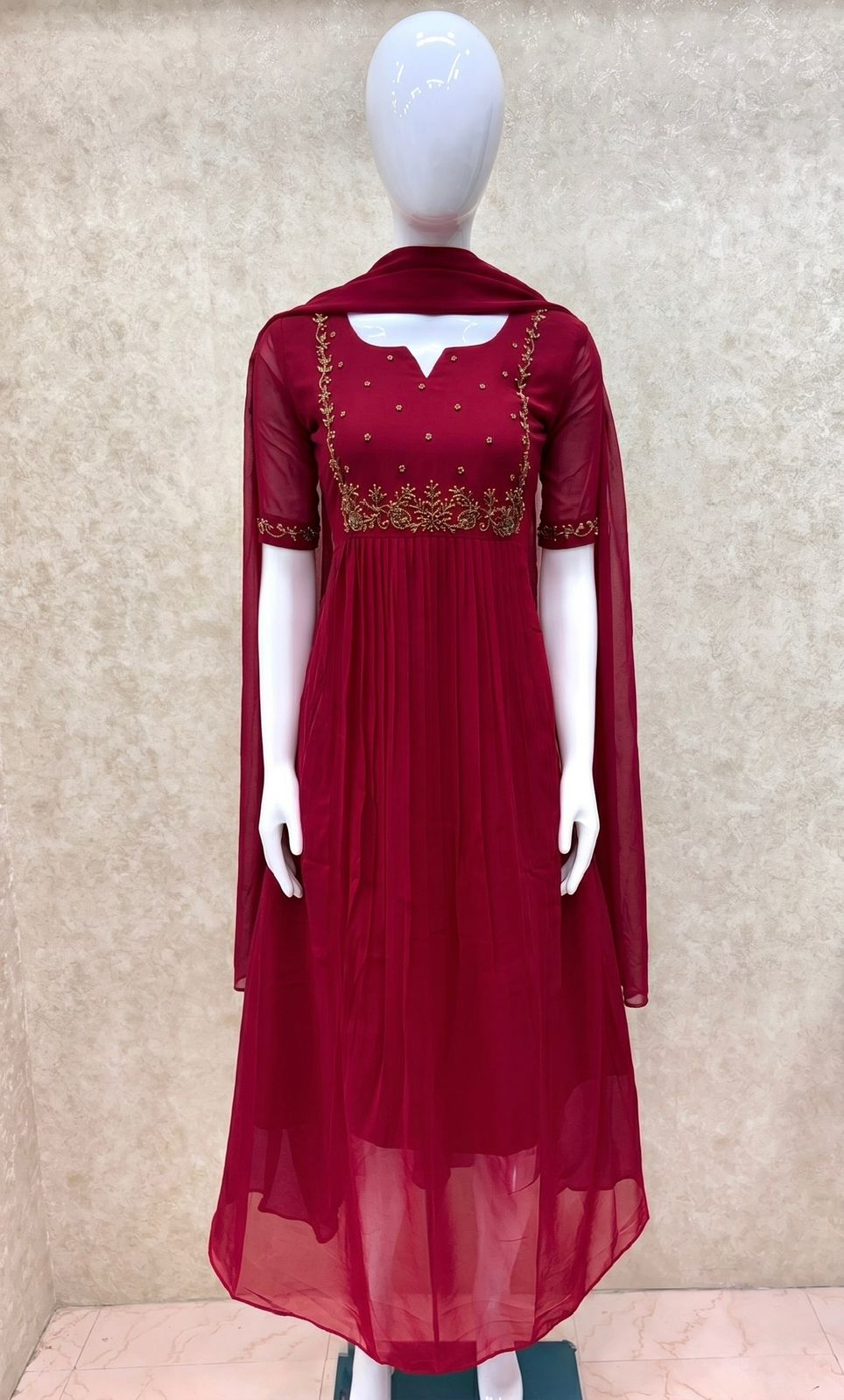 #TH195 / Long Top Dupatta Set / Pleated / Elbow sleeves / Reddish Maroon - Image 2