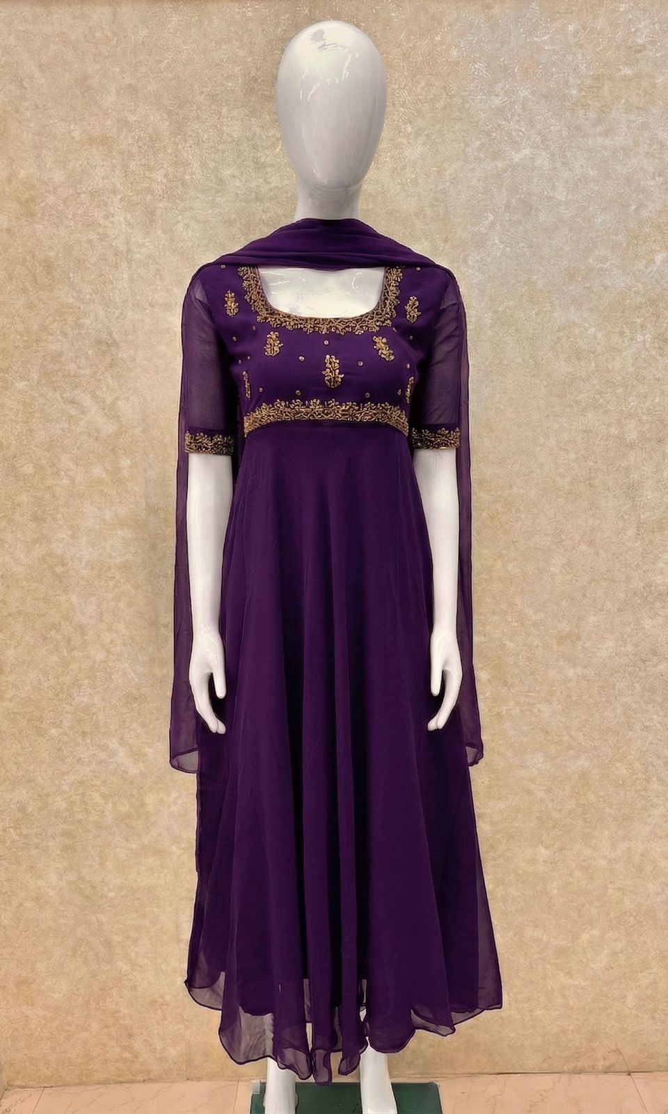 #TH209 / Georgette / Long Top Dupatta Set / Elbow sleeves / Dark Purple - Image 2